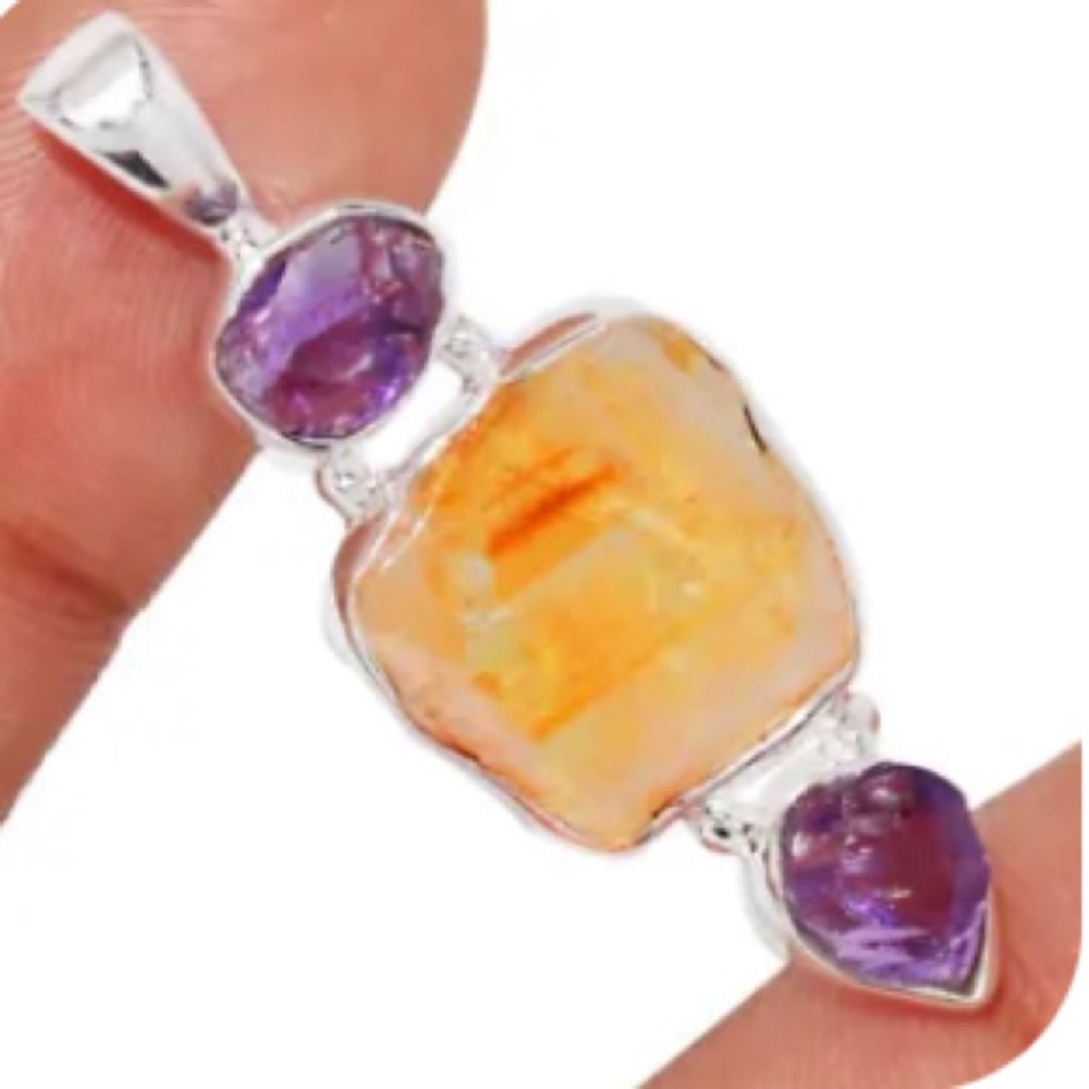 Genuine citrine stalactite and Amethyst sterling silver pendants